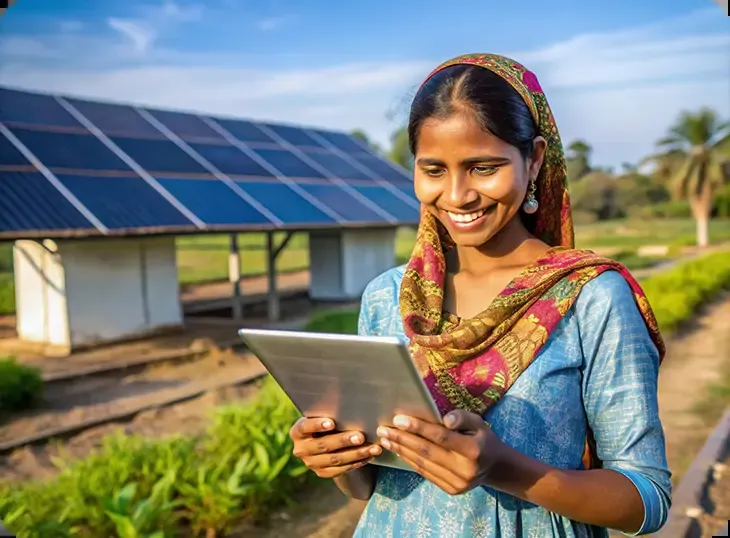 A woman checking rooftop solar savings on a tablet in a village
