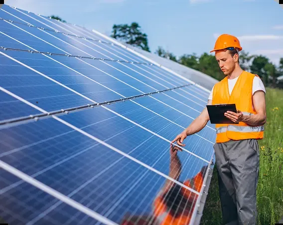 Sinthan Energy technician checking solar panels